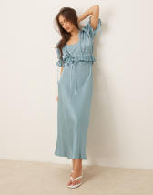 ASOS DESIGN ruffle off shoulder corset detail tiered maxi dress with hi low hem in brown floral print