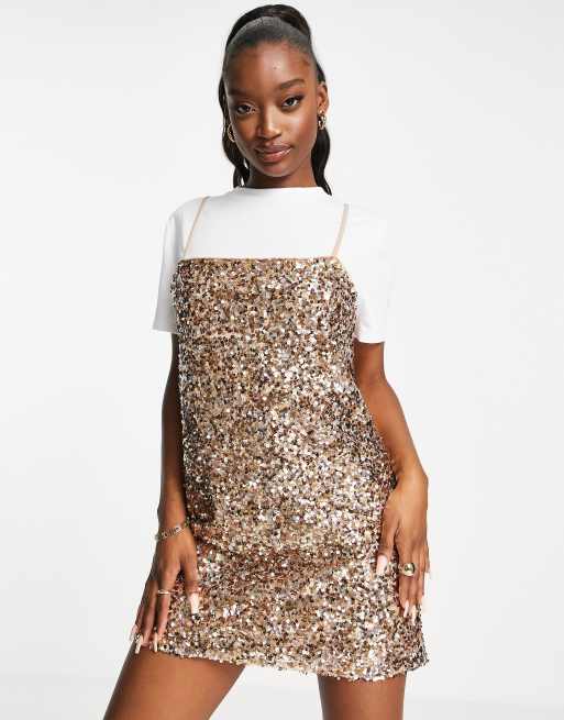 ASOS DESIGN 2 in 1 mini cami dress with low back in rose gold sequin