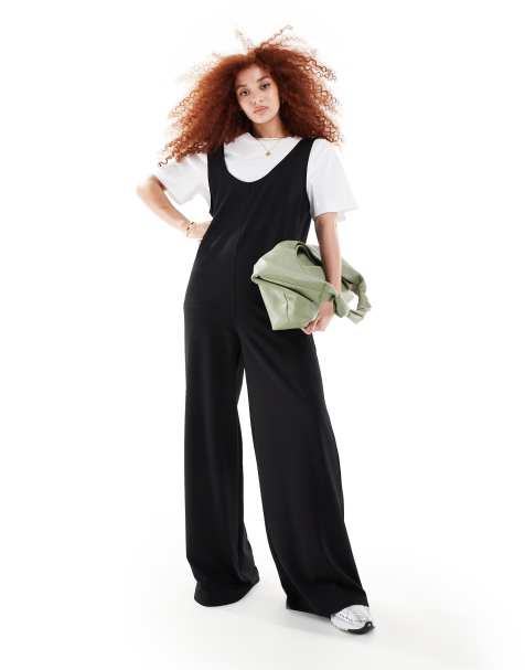 Black Crosshatch Jersey Cropped Dungarees