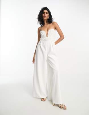 ASOS DESIGN 2 in 1 plunge fluffy bodice jumpsuit in cream - ASOS Price Checker