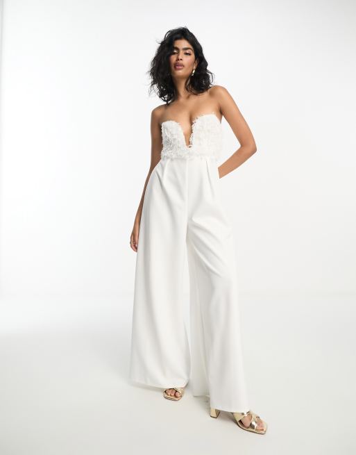 ASOS DESIGN 2-in-1 plunge fluffy bodice jumpsuit in cream