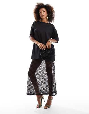 Asos Design 2 In 1 Ponte T-shirt With Cami Midi Lace Slip Dress In Black