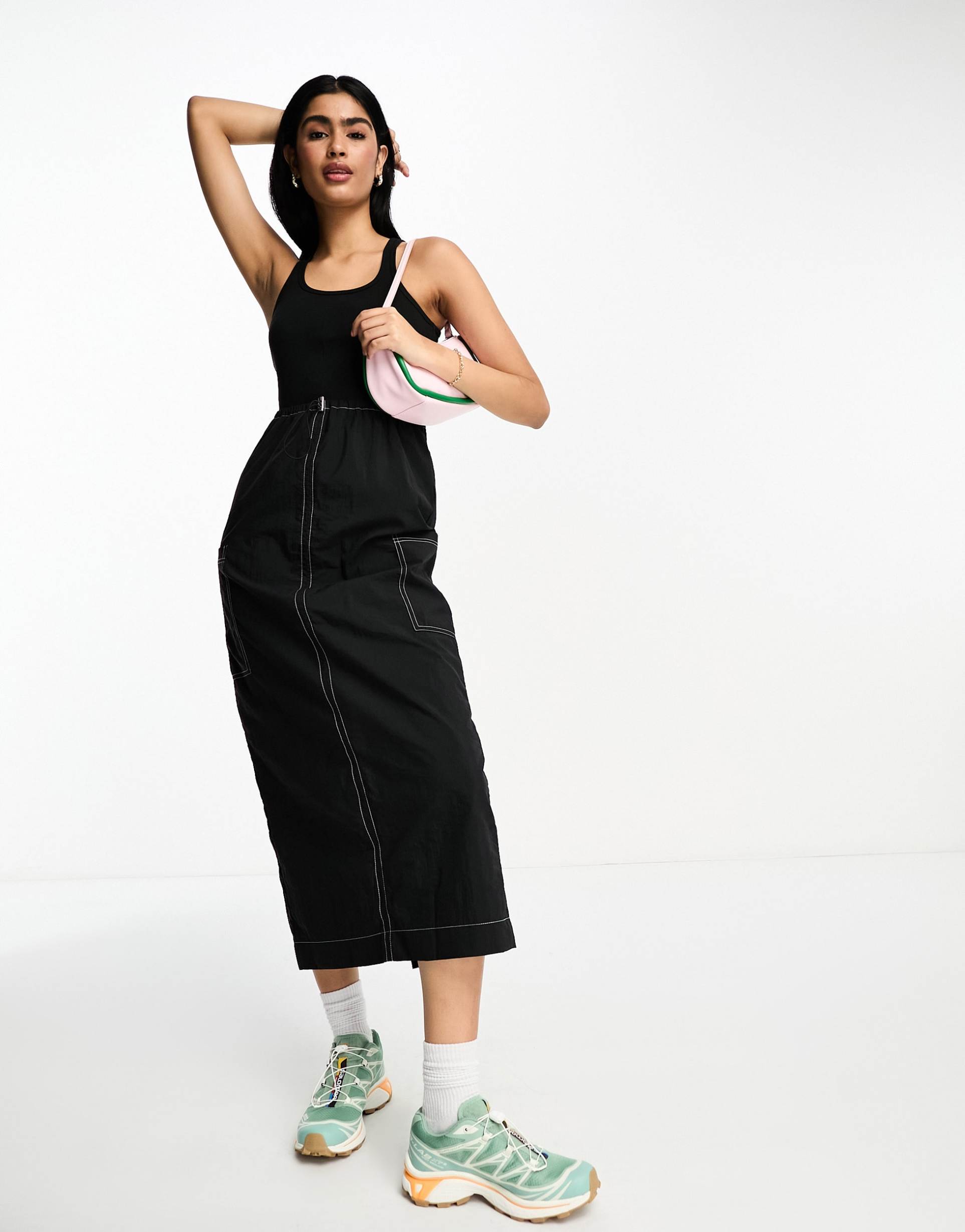 asos design 2 in 1 ribbed scoop neck tank top with cargo midi dress with skirt in black with contrast stitch