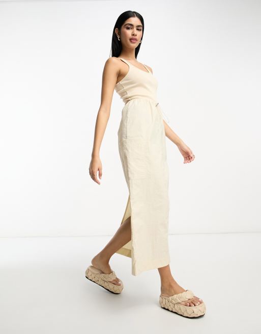 ASOS DESIGN 2 in 1 ribbed scoop neck tank top with cargo midi dress with skirt in camel 