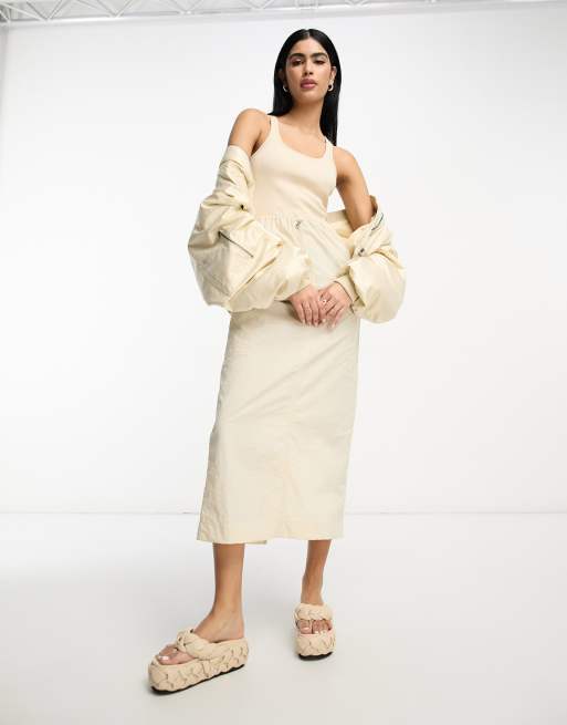 ASOS DESIGN 2 in 1 ribbed scoop neck tank top with cargo midi dress with  skirt in camel | ASOS