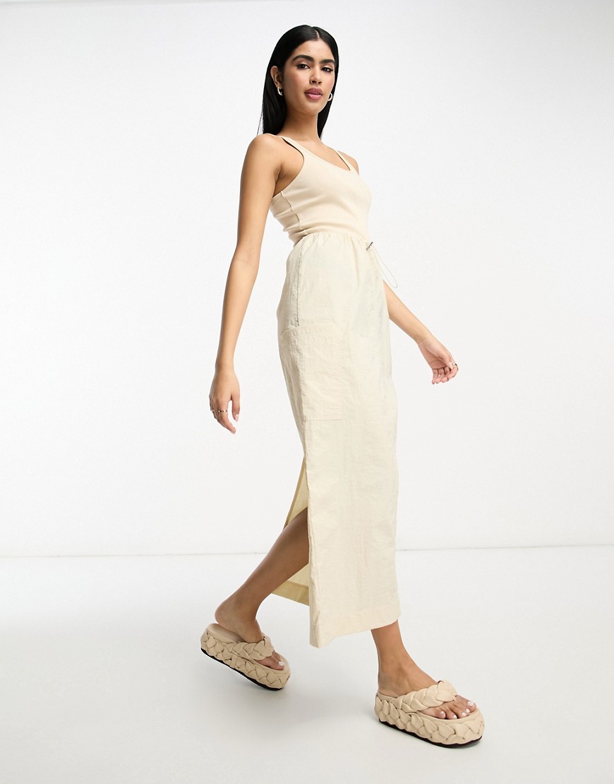 ASOS DESIGN 2 in 1 ribbed scoop neck vest with cargo midi dress with skirt in camel-Brown