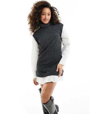 Asos Design 2 In 1 Roll Neck Mini Dress With Shirt Underlay In Charcoal-gray