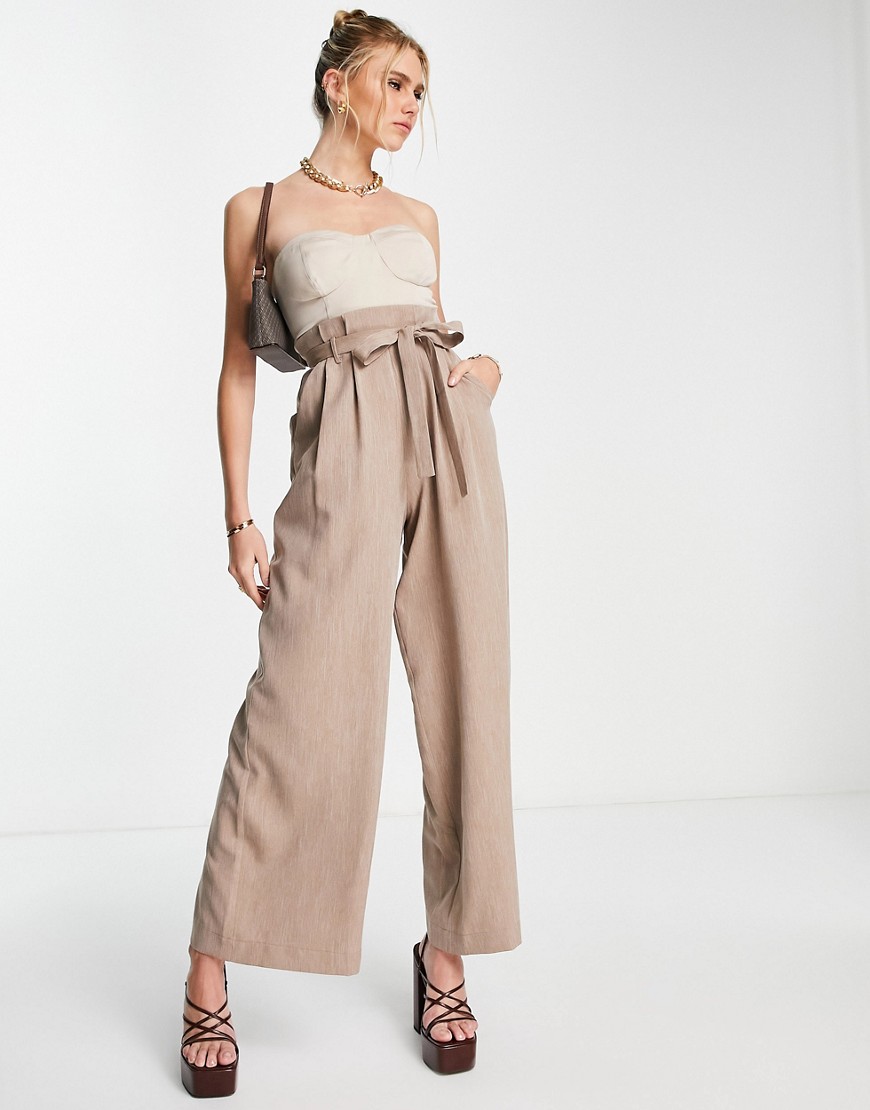 Asos Design 2 In 1 Satin Bust Wide Leg Jumpsuit In Stone-neutral