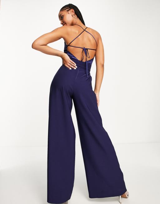 ASOS DESIGN 2 in 1 satin cami wide leg jumpsuit in navy