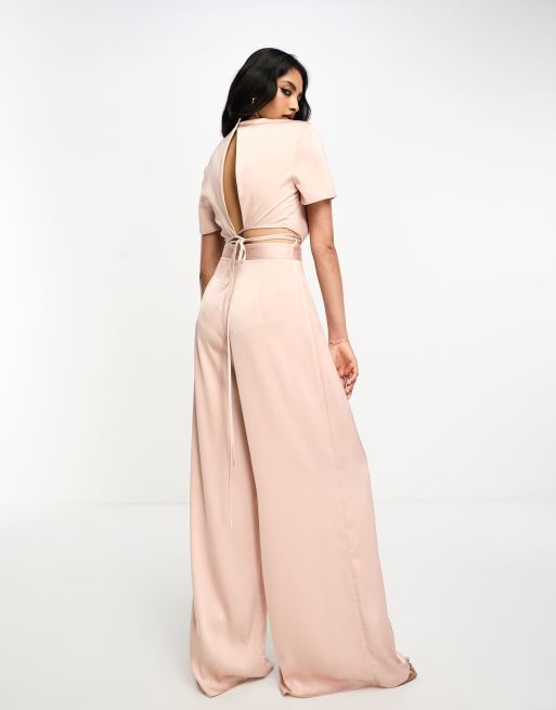 ASOS DESIGN 2 in 1 satin tie waist jumpsuit in pink