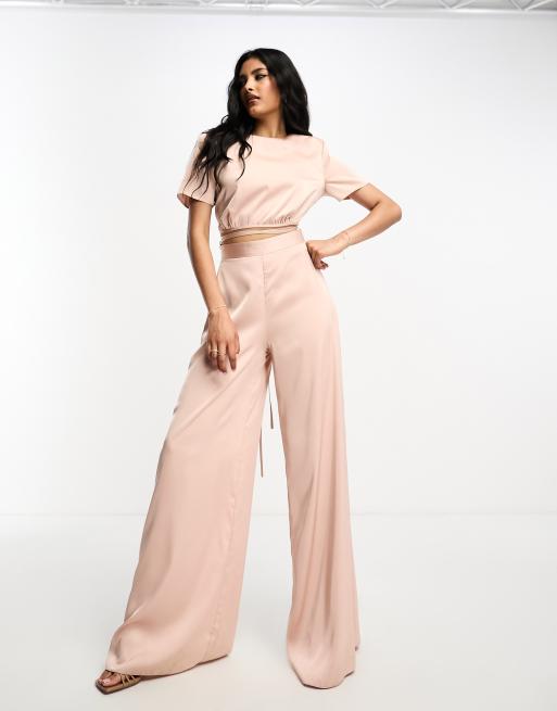 Pink Halter Wrap Top And Palazzo Satin Pants Set  Dusty pink outfits, Satin  wrap top, High waisted wide leg pants