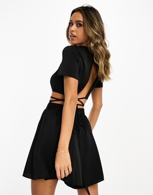 ASOS DESIGN 2 in 1 satin tie waist romper in black