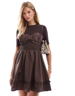 Asos Design 2-in-1 Shirred Waist Frill Detail Mini Dress In Chocolate-brown