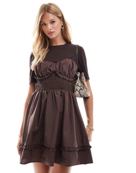 ASOS DESIGN 2-in-1 shirred waist frill detail mini in brown - view 1