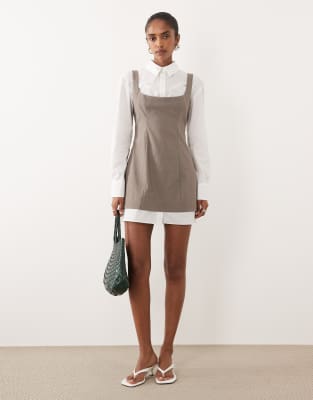 ASOS DESIGN 2 in 1 shirt scoop neck mini dress in light brown