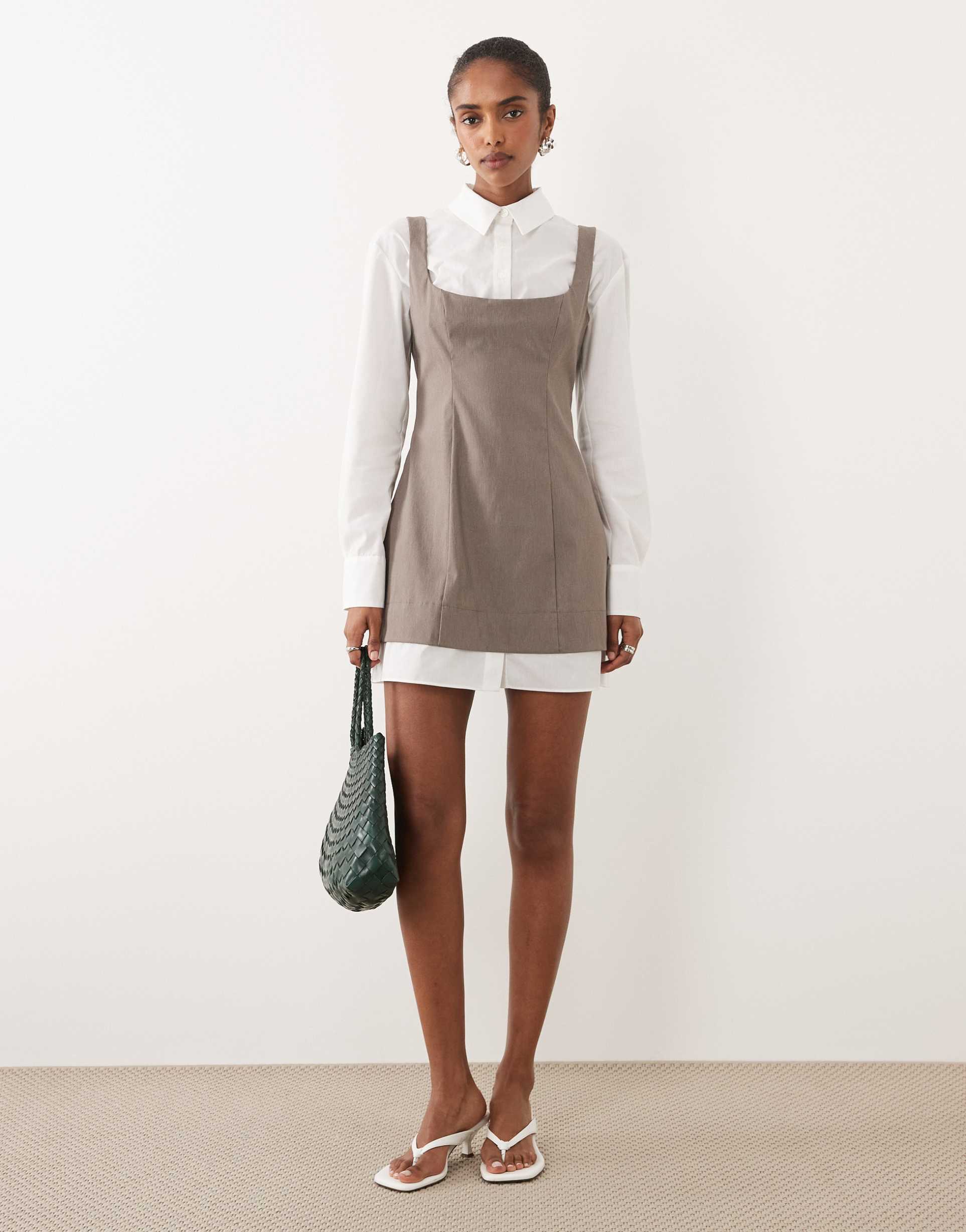 asos design 2 in 1 shirt scoop neck mini dress in light brown