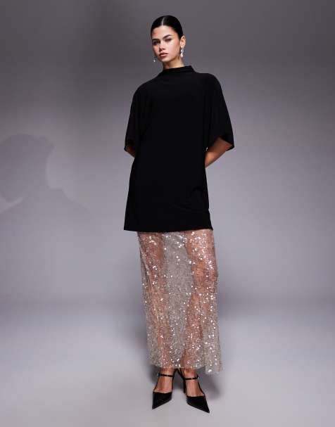 ASOS DESIGN 2 in 1 short sleeve t-shirt and lace sequin skirt maxi dress in champagne - view 1