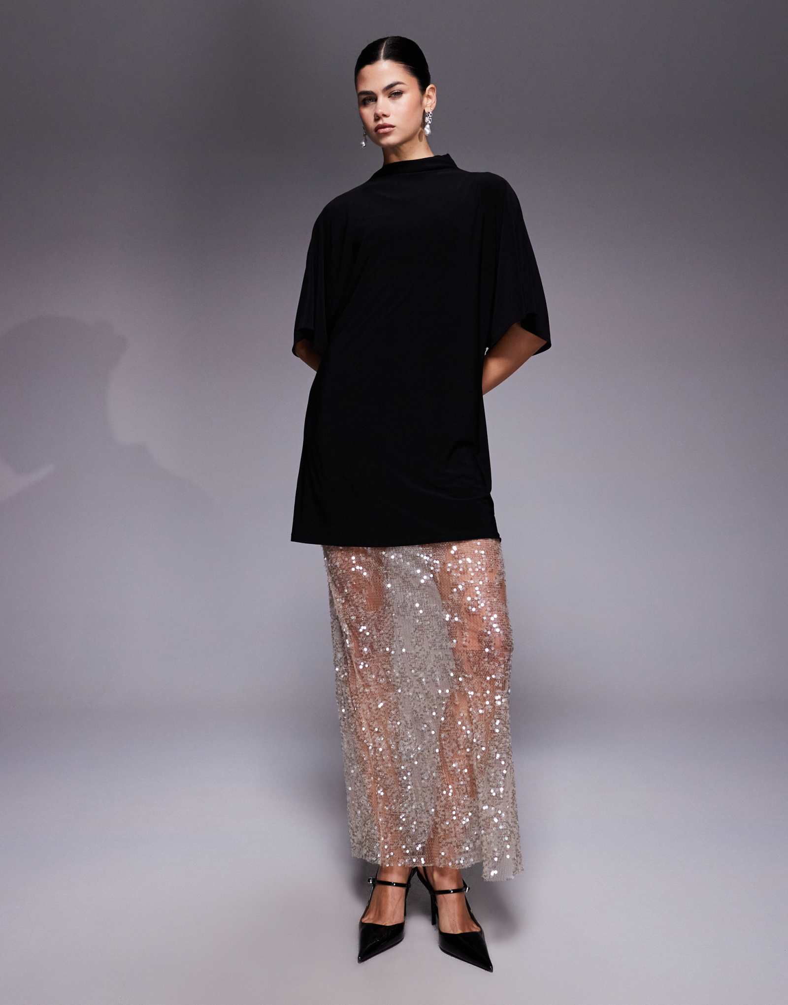 Футболка ASOS DESIGN 2 в 1 с коротким рукавом и кружевная юбка-макси с блестками цвета шампанского