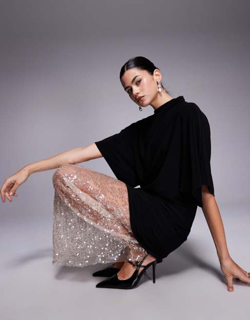 ASOS DESIGN 2 in 1 short sleeve t-shirt and lace sequin skirt maxi dress in champagne