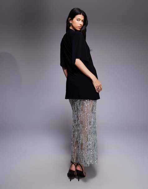 ASOS DESIGN 2 in 1 short sleeve T-shirt and lace sequin skirt maxi dress in champagne - view 1