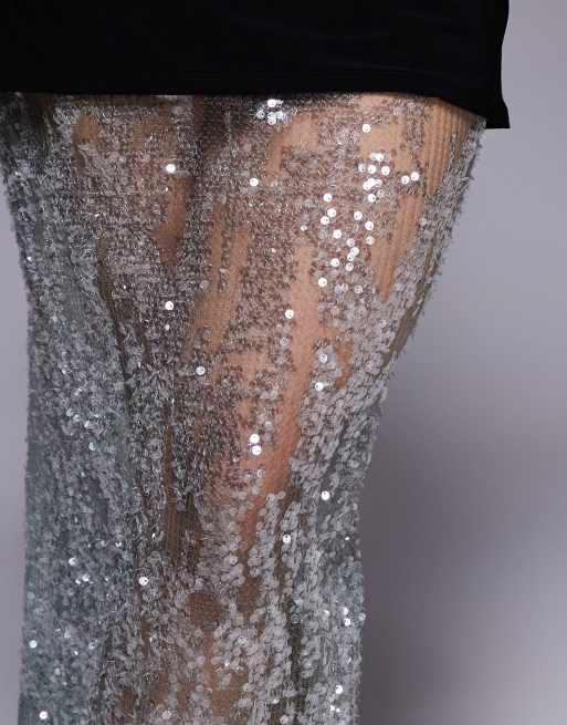 ASOS DESIGN 2 in 1 short sleeve T-shirt and lace sequin skirt maxi dress in champagne