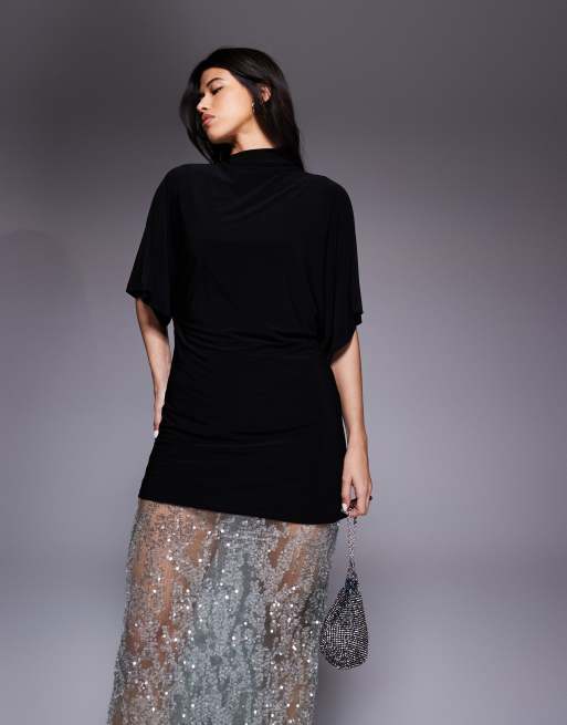 ASOS DESIGN 2 in 1 short sleeve T-shirt and lace sequin skirt maxi dress in champagne