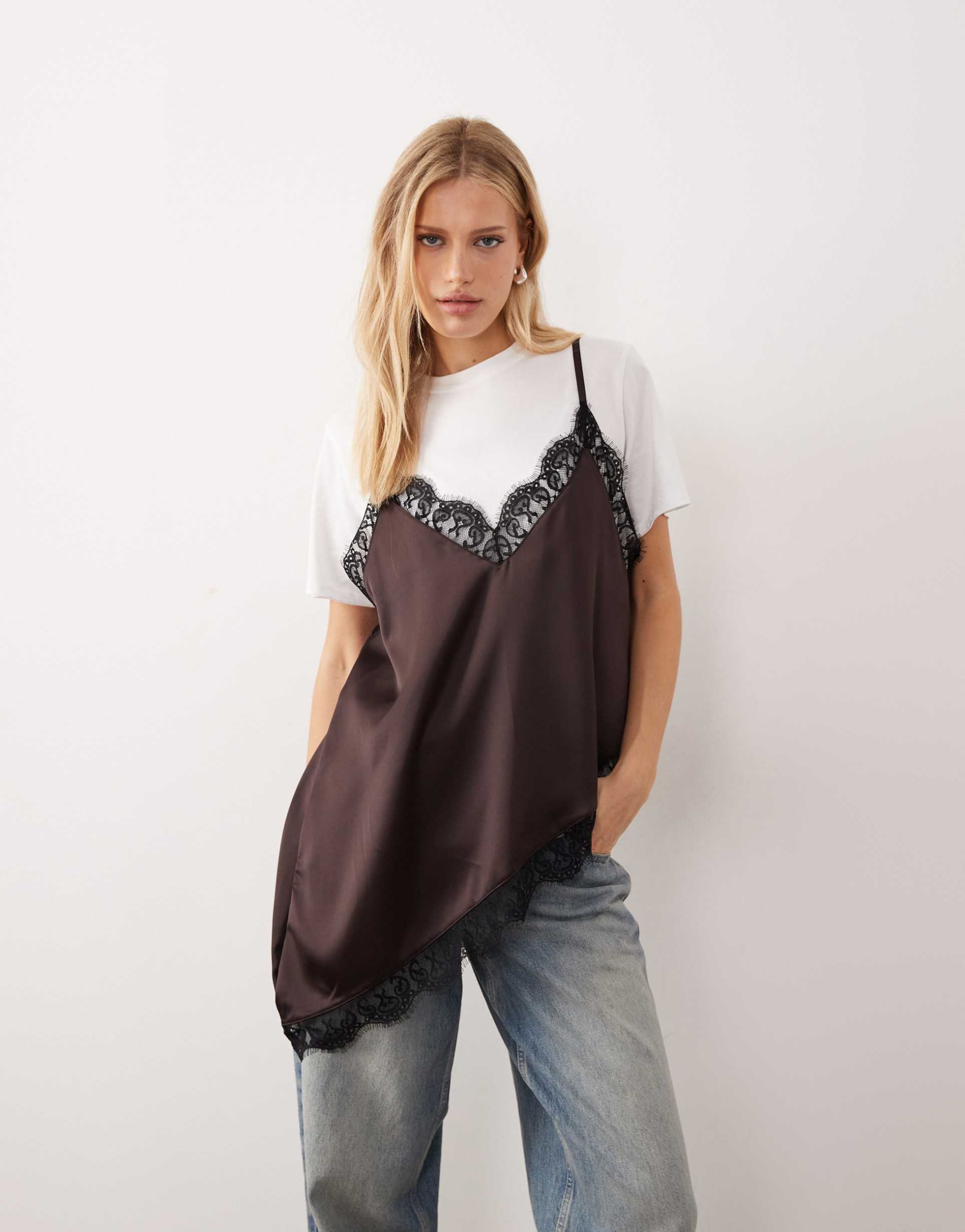 asos design 2 in 1 short sleeve top with chocolate satin lace overlay