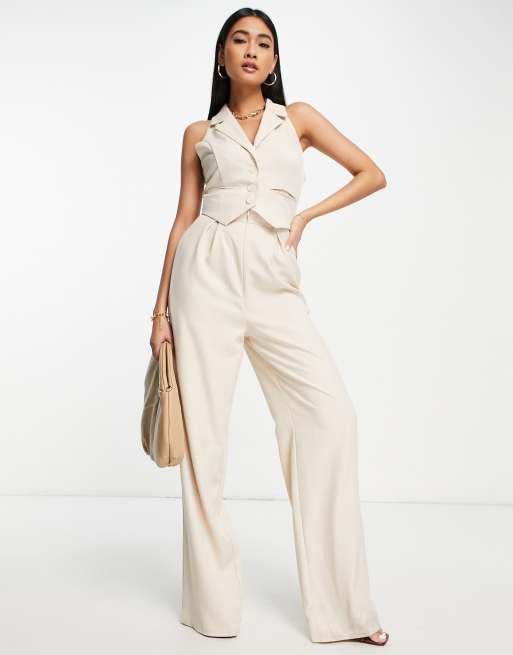 ASOS DESIGN 2-in-1 suit vest jumpsuit with flare leg in stone | ASOS