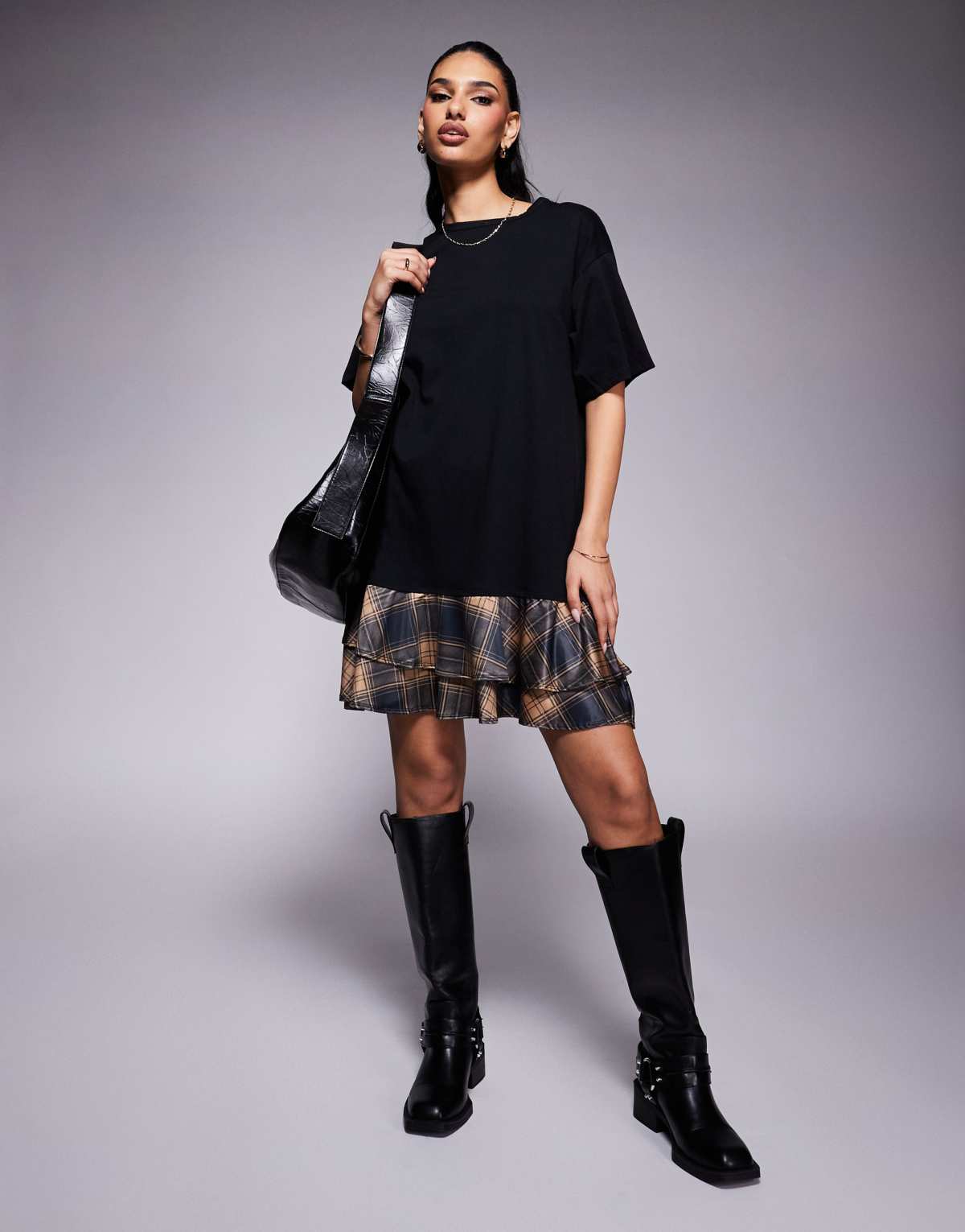 ASOS DESIGN 2 in 1 t-shirt and check mini dress in black