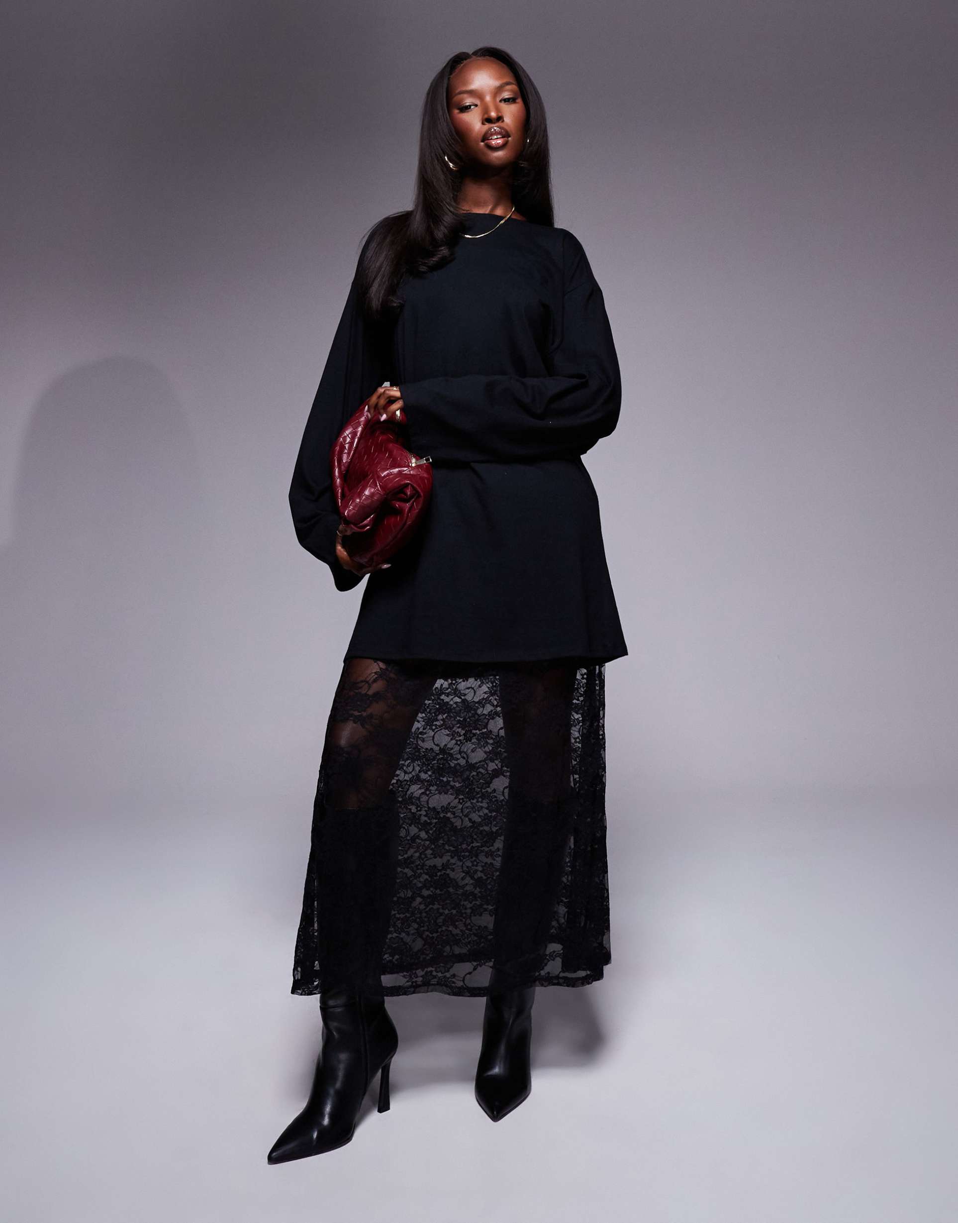 asos design 2 in 1 t-shirt midi dress with lace skirt in black
