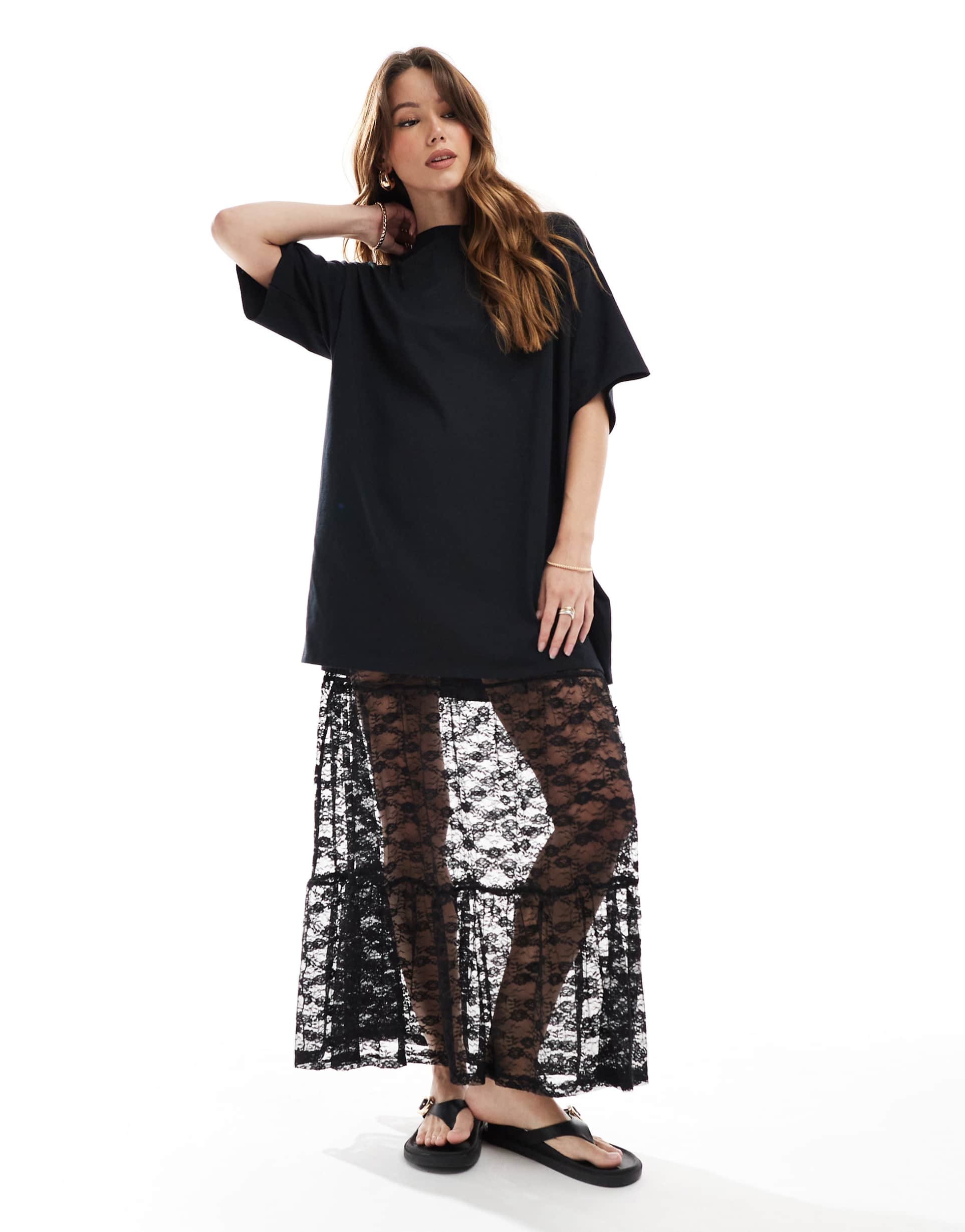 asos design 2 in 1 t-shirt midi dress with tiered lace skirt in black