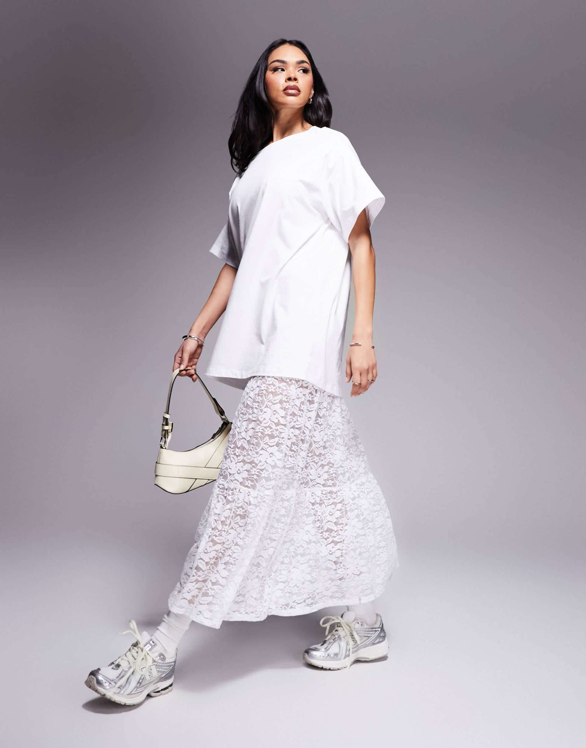 asos design 2 in 1 t-shirt midi dress with tiered lace skirt in white