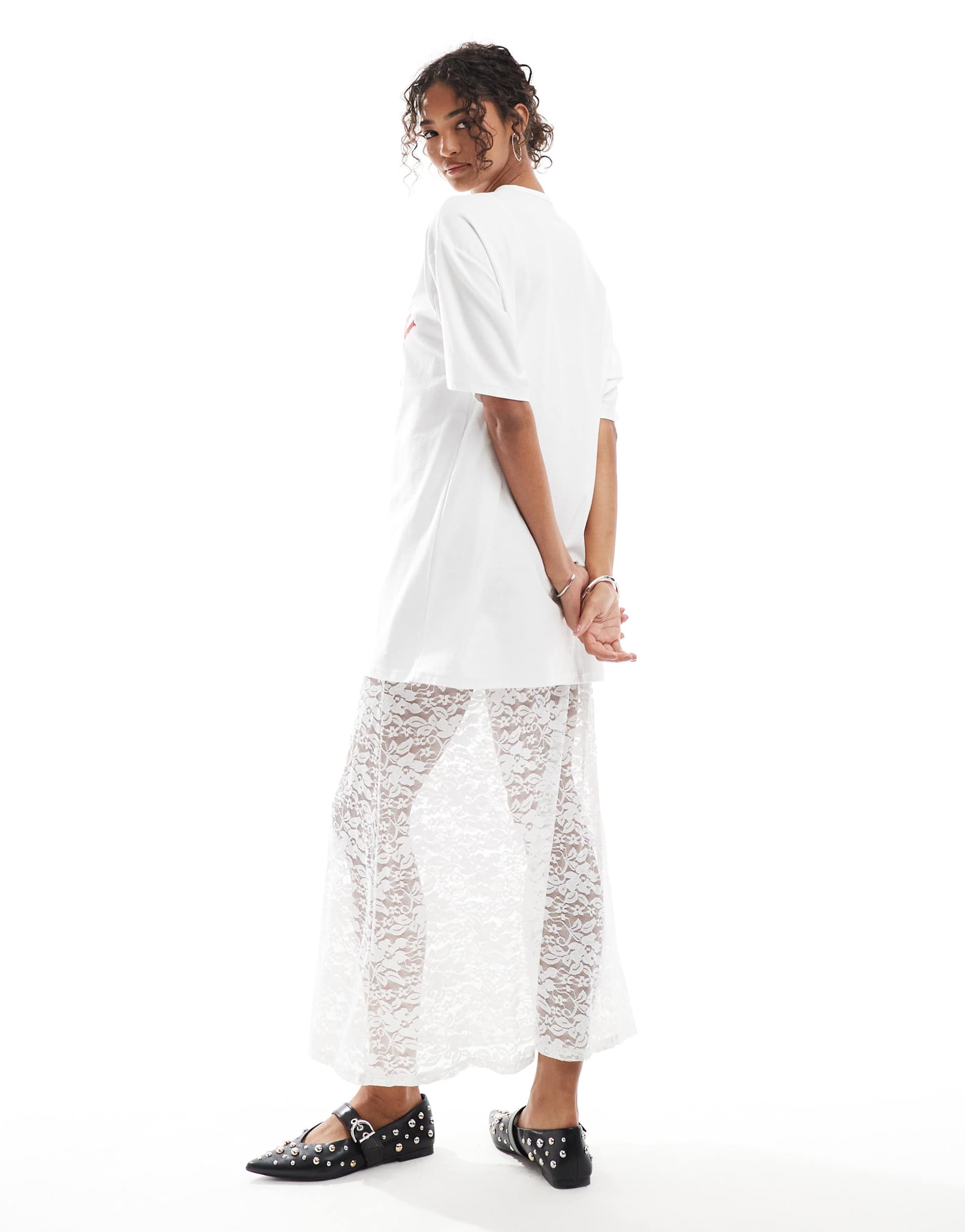 asos design 2 in 1 t-shirt midi lace dress in white with graphic print