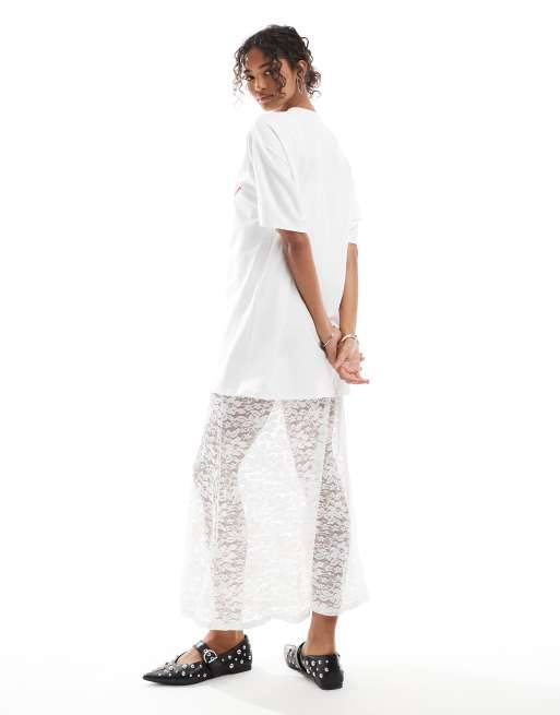 ASOS Design 2 in 1 T-shirt midi lace dress in White with graphic print