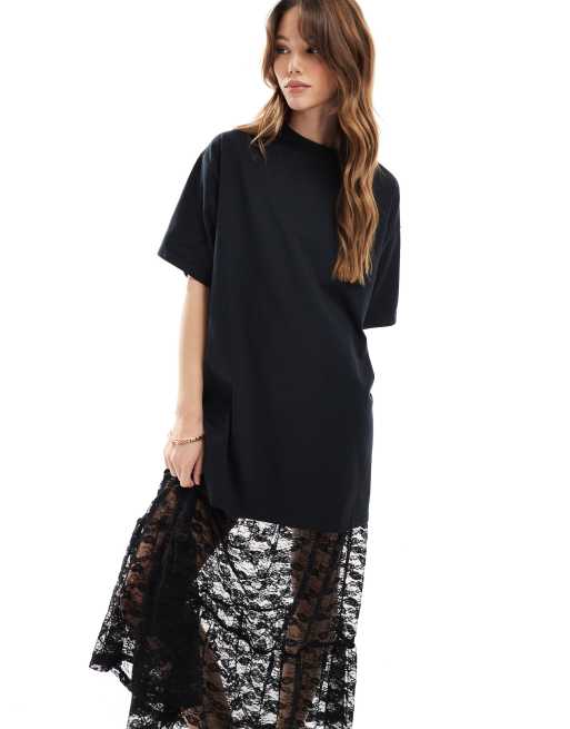 ASOS DESIGN – 2-in-1-T-Shirt-Midikleid in Schwarz mit gestuftem Spitzenrock, 3 von 4