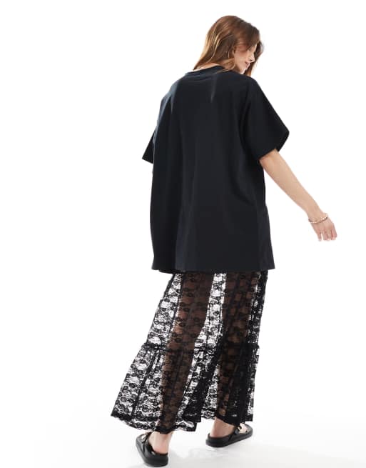 ASOS DESIGN – 2-in-1-T-Shirt-Midikleid in Schwarz mit gestuftem Spitzenrock, 4 von 4