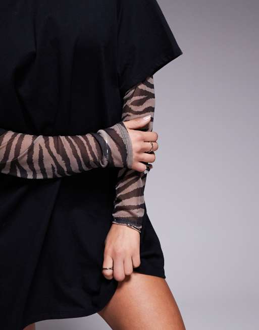 ASOS DESIGN 2 in 1 T-shirt mini dress in zebra print with mesh long sleeves, 2 of 4