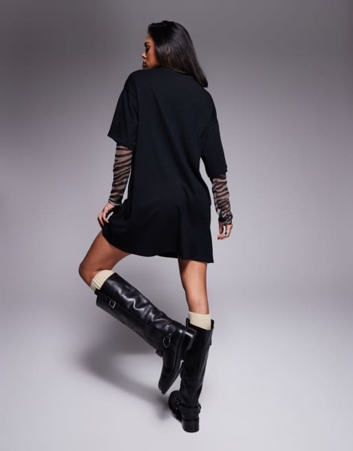 ASOS DESIGN 2 in 1 T-shirt mini dress in zebra print with mesh long sleeves