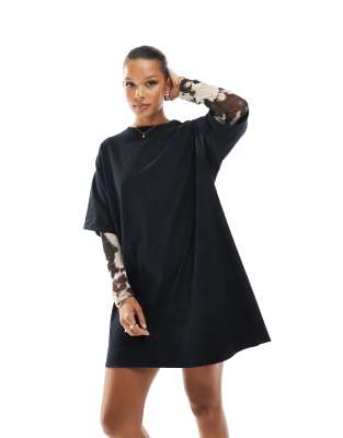 ASOS DESIGN 2 in 1 T-shirt mini dress with cow print sleeves-Multi