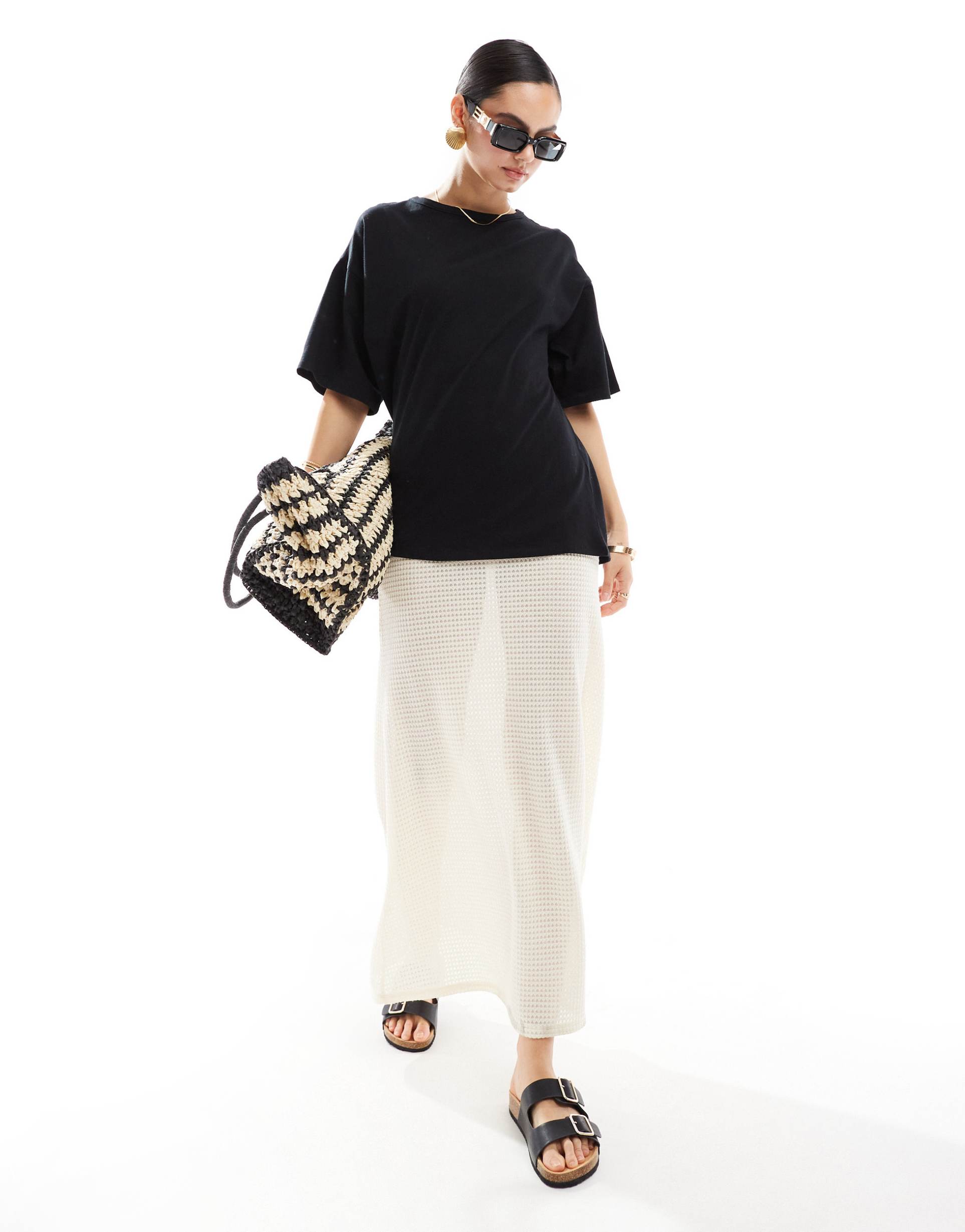 asos design 2 in 1 t-shirt with crochet midi slip dress in cream