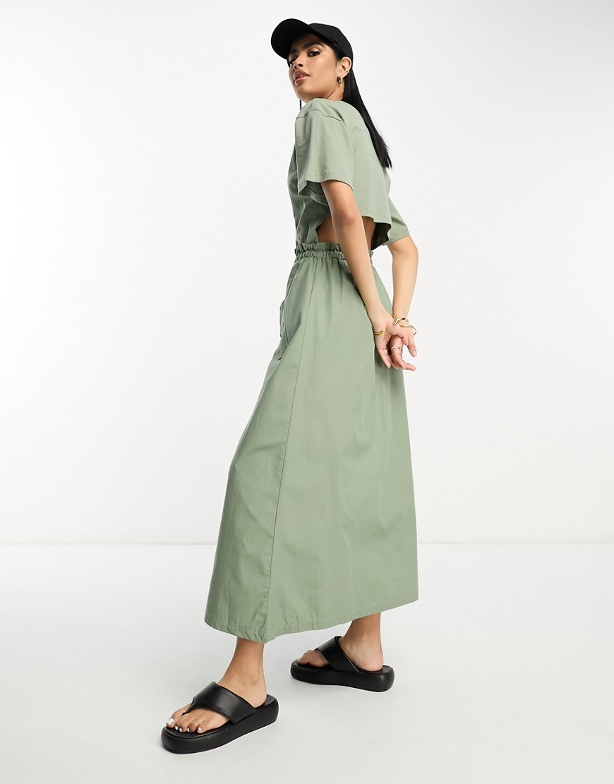 ASOS DESIGN 2 in 1 t-shirt with midi dress with cargo skirt and contrast stitch in khaki-Green