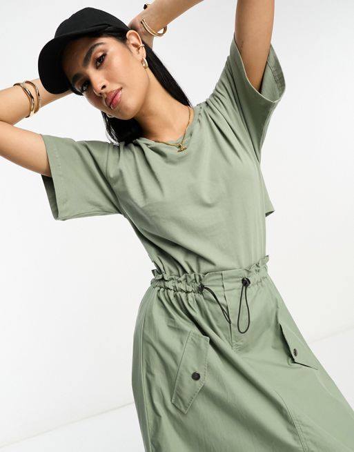 ASOS DESIGN 2 in 1 t-shirt with midi dress with cargo skirt and contrast  stitch in khaki
