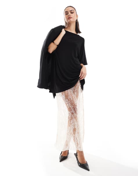 ASOS DESIGN - 2 in 1 T-shirtjurk in zwart met midi rok met lovertjes - view 1