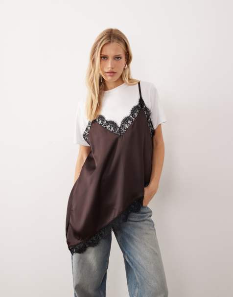 ASOS DESIGN - 2 in 1 top met korte mouwen en satijn met kanten overlay in chocoladebruin - view 1