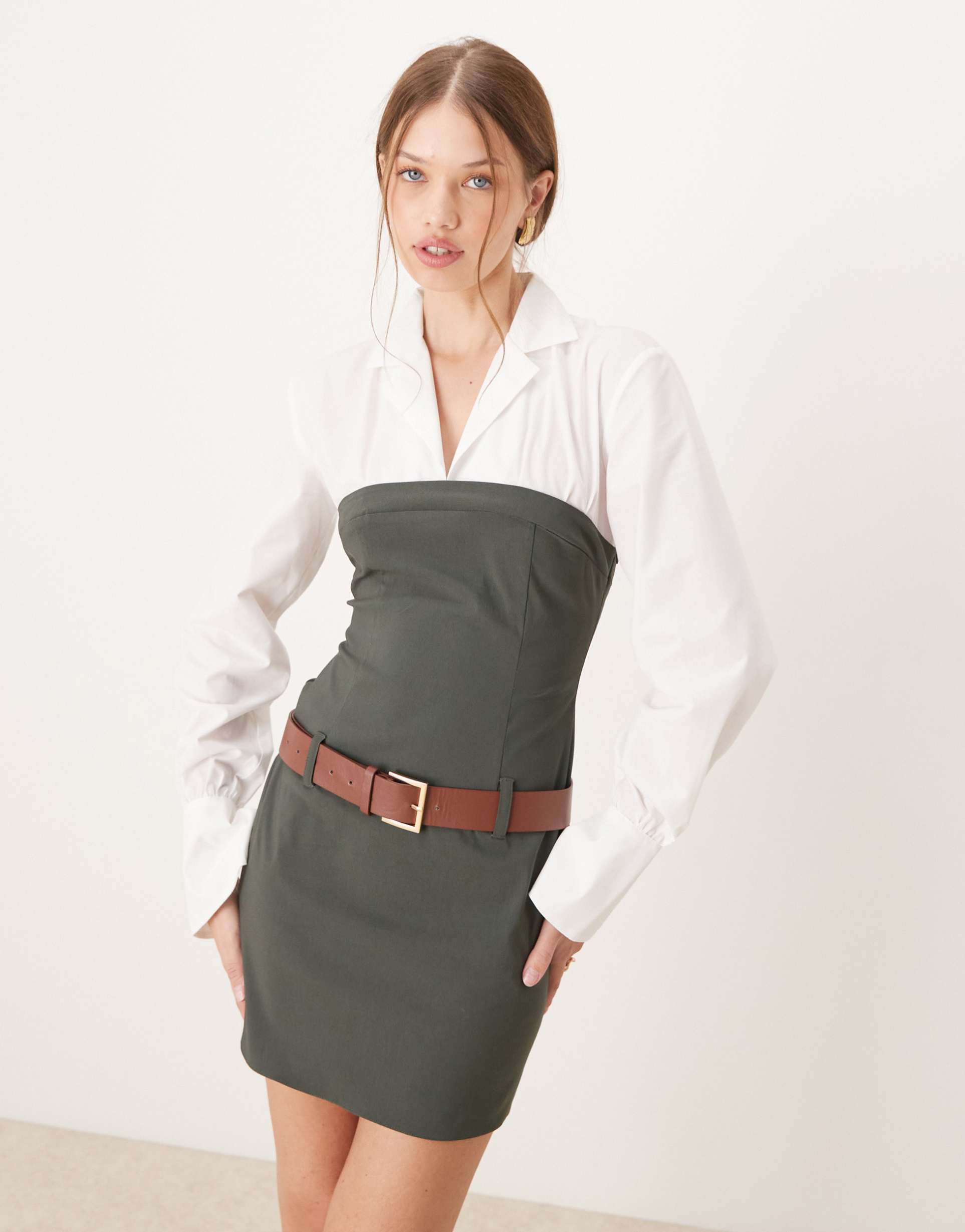 asos design 2 in 1 under shirt mini dress with belt detail in olive