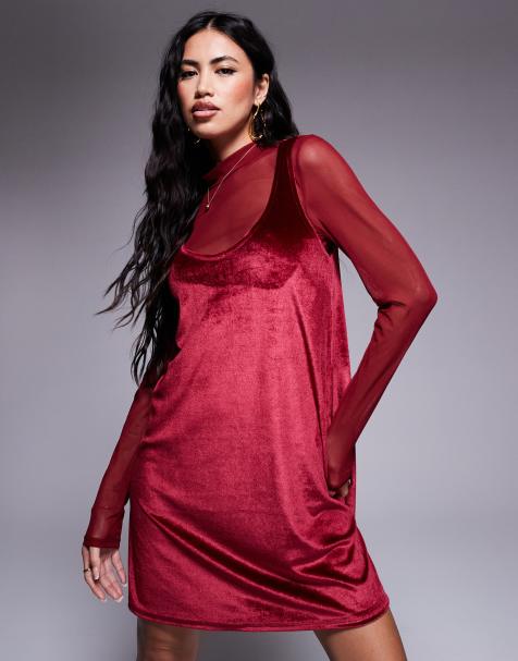 ASOS DESIGN 2 in 1 velvet pinafore mini dress in burgundy - view 1