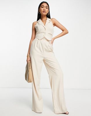 ASOS DESIGN 2 in 1 waistcoat jumpsuit with flare leg in stone