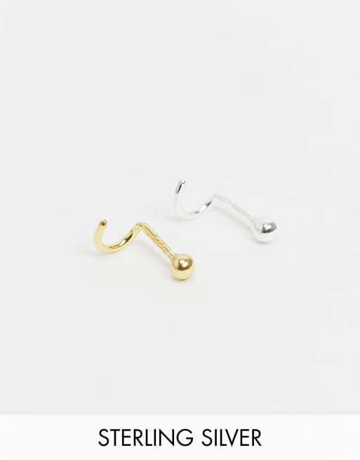 ASOS DESIGN – 2-mm-Nasenpiercings aus Sterlingsilber im Multipack mit 14-karätiger Vergoldung oder in Silberoptik