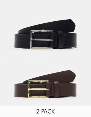 ASOS DESIGN - 2 nette riemen van imitatieleer in bruin en zwart met zilveren en gouden gesp