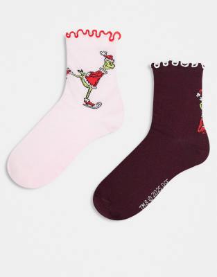 ASOS DESIGN - 2 Paar weihnachtliche Socken in verschiedenen Farben mit Grinch-Motiv und Rüschen-Bunt